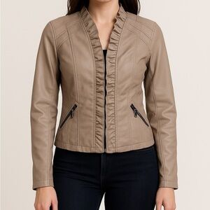 Vegan Leather Ruffled Front Tailored Moto Jacket